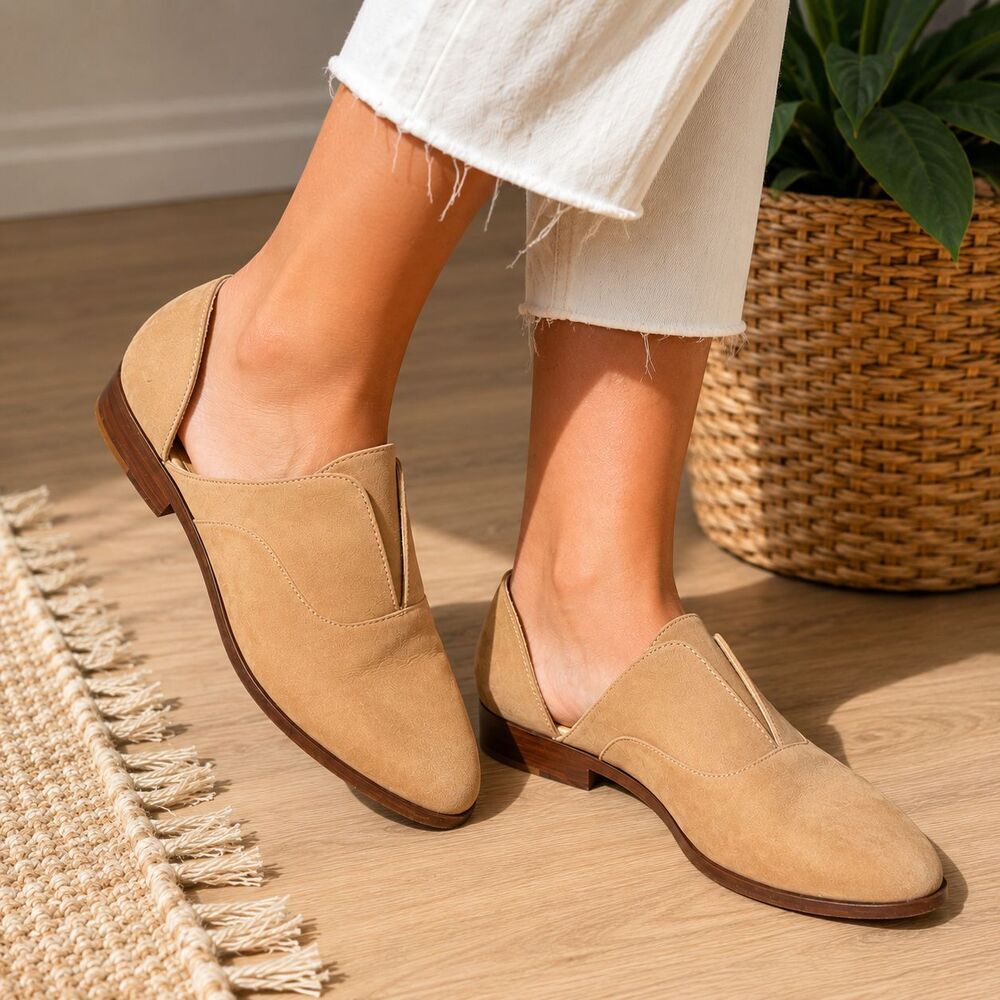Nisolo Emma d'Orsay Oxford Flats Almond Beige Suede Cutout Slip On Shoes 8
